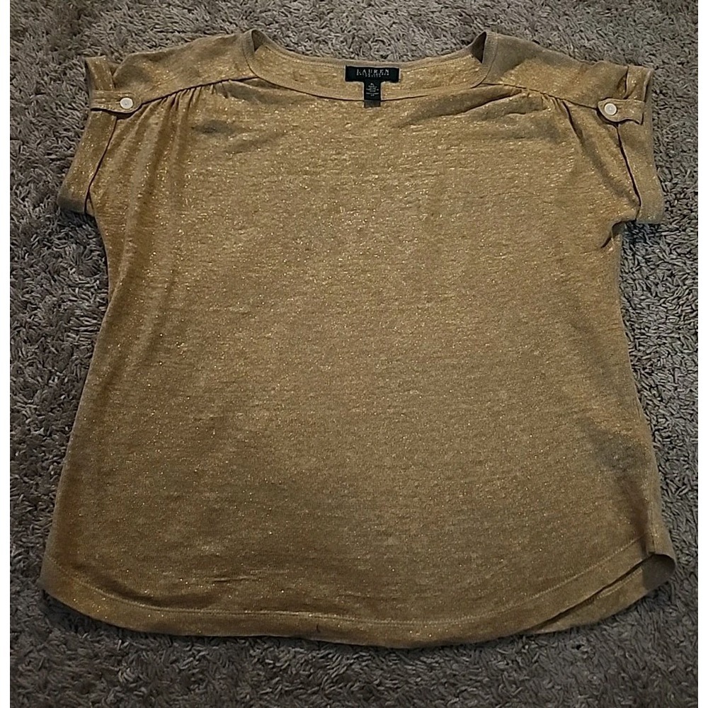 Lauren Ralph Lauren Women's Gold Sparkle Short-Sleeve Light Weight Sweater PL